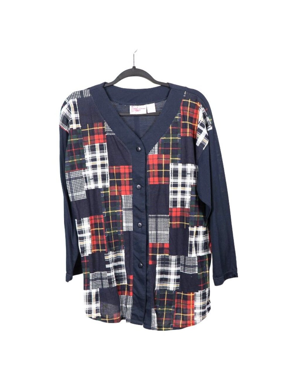 Penny Lane VTG Plaid Button Up Shirt 90s L Women Blue Red Patchwork VNeck